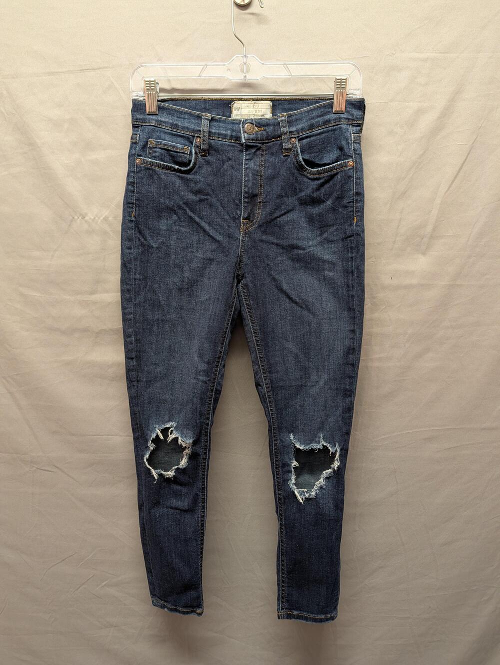 Free People Jeans Womens 28S Blue Skinny Distressed Ripped Knees Stretch Ankle